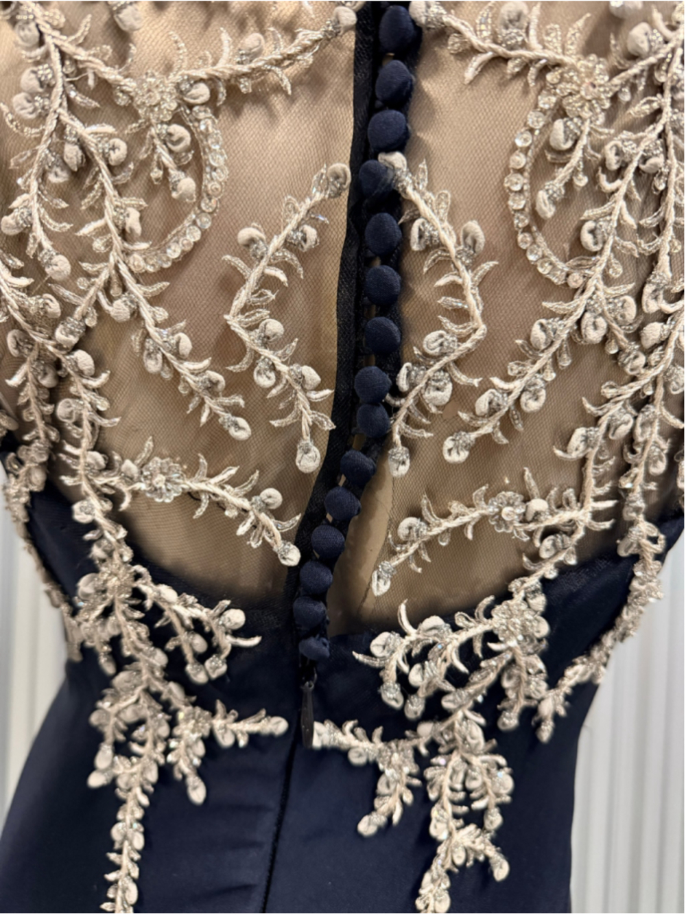 Anna Maier Couture Navy Blue Formal Gown | Silver Embroidered Illusion Bodice | - Picture 6 of 17